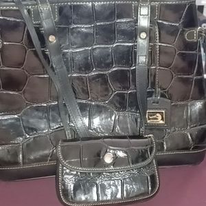 Dooney & Bourke black croc embossed leather tote with keychain and small wallet